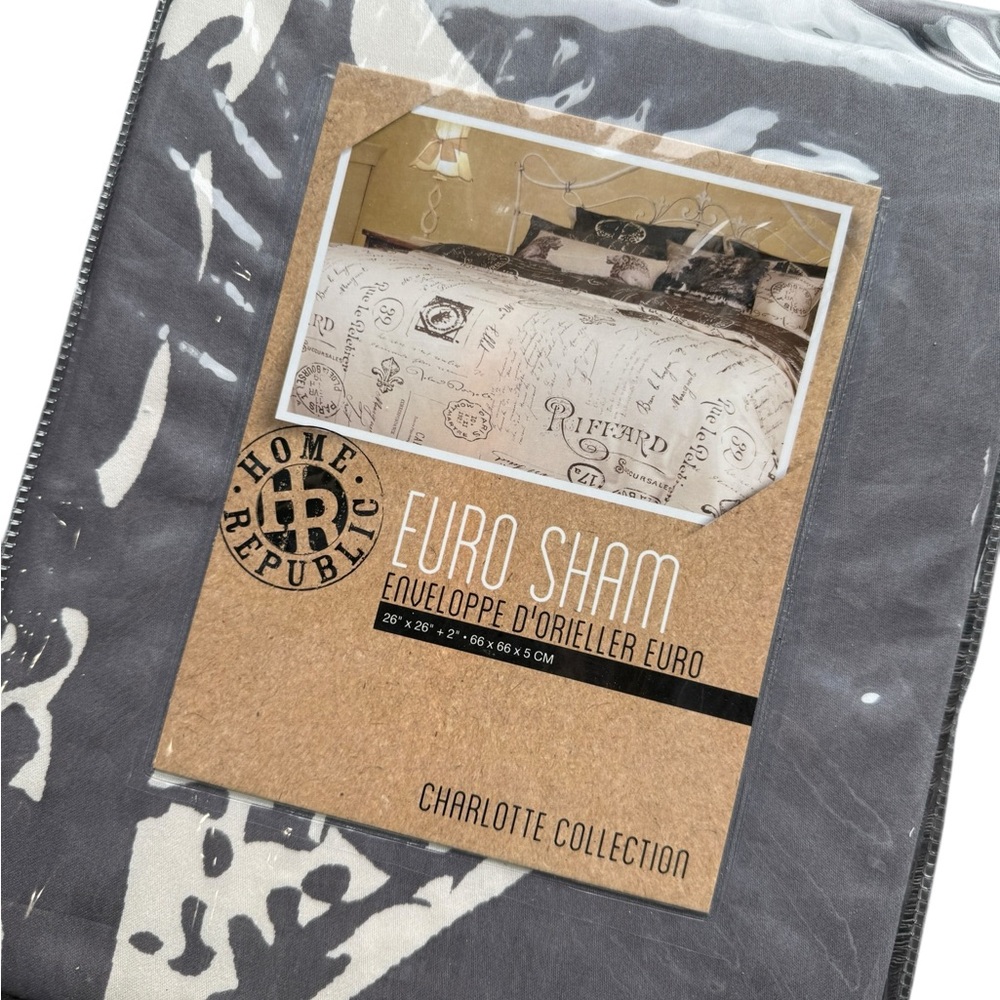2 New Cotton Euro Shams, grey/ivory, Home Repulic, Charlotte collection 26x26 in
